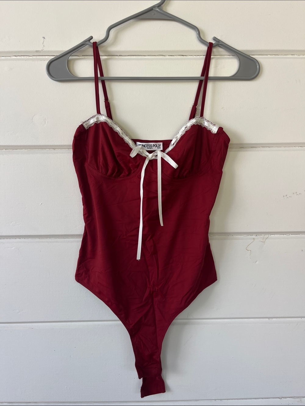 Princess Polly Red Lace-Trim Spaghetti Strap Bodysuit